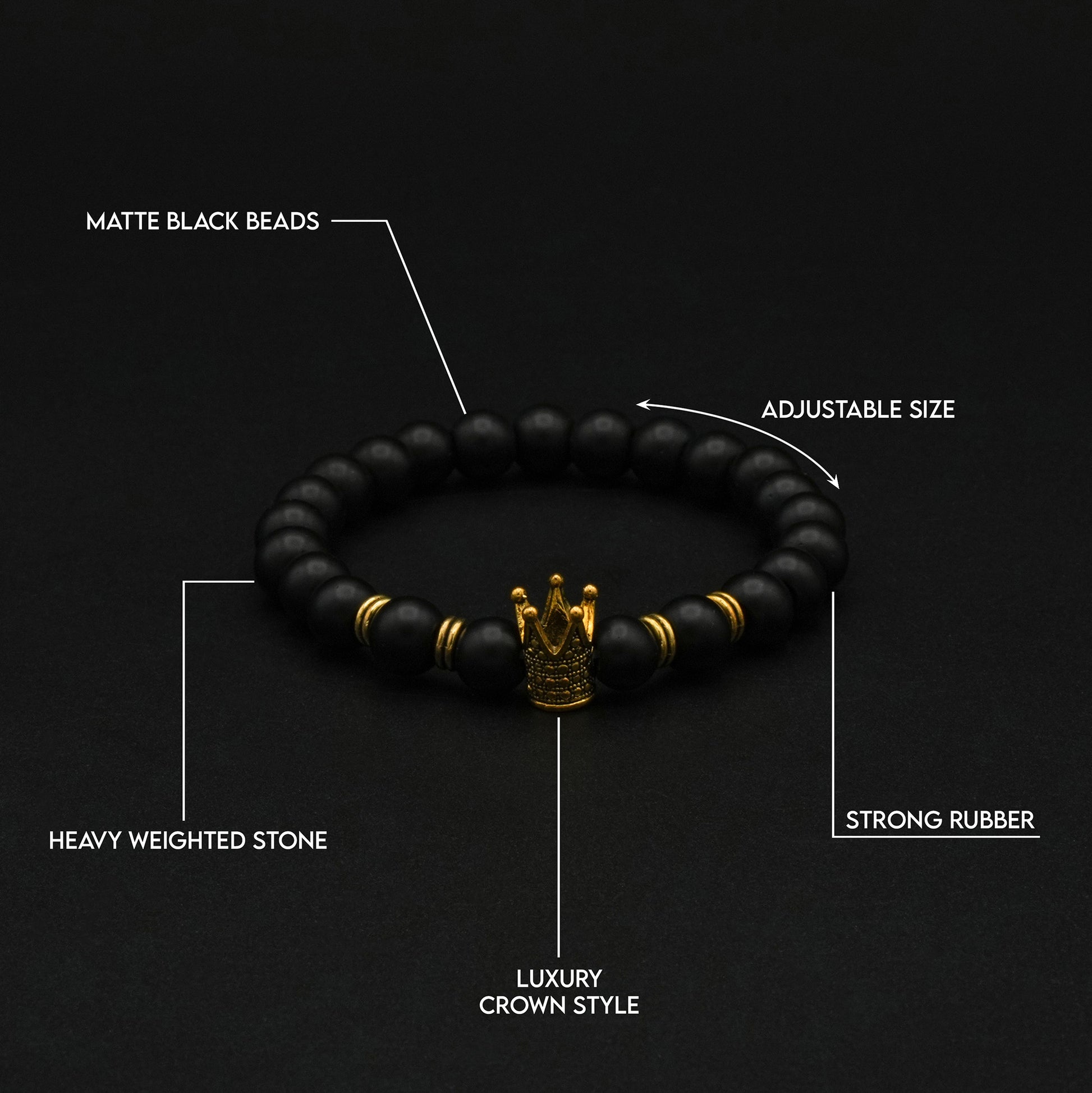 Black Bead Bracelet with Gold Crown - Biraaj