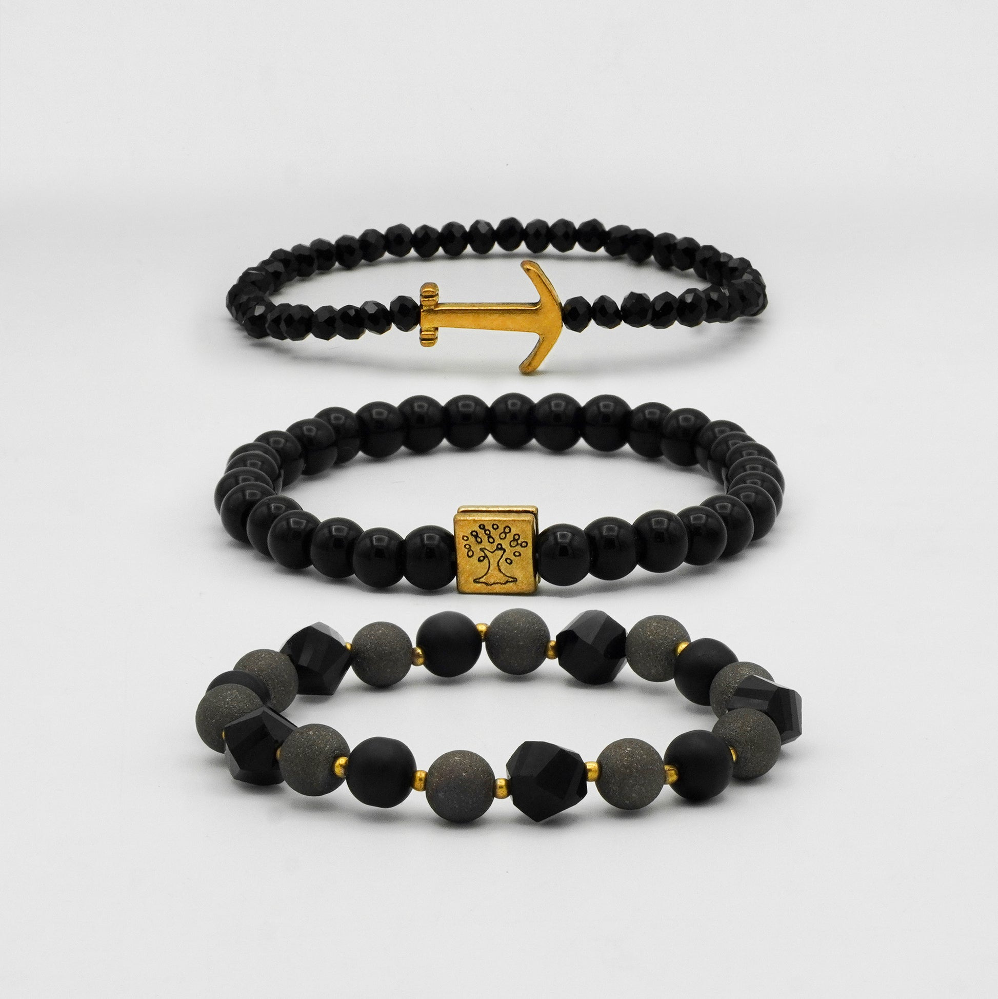 Matte Black & Grey Beaded Bracelet Bundle - Biraaj