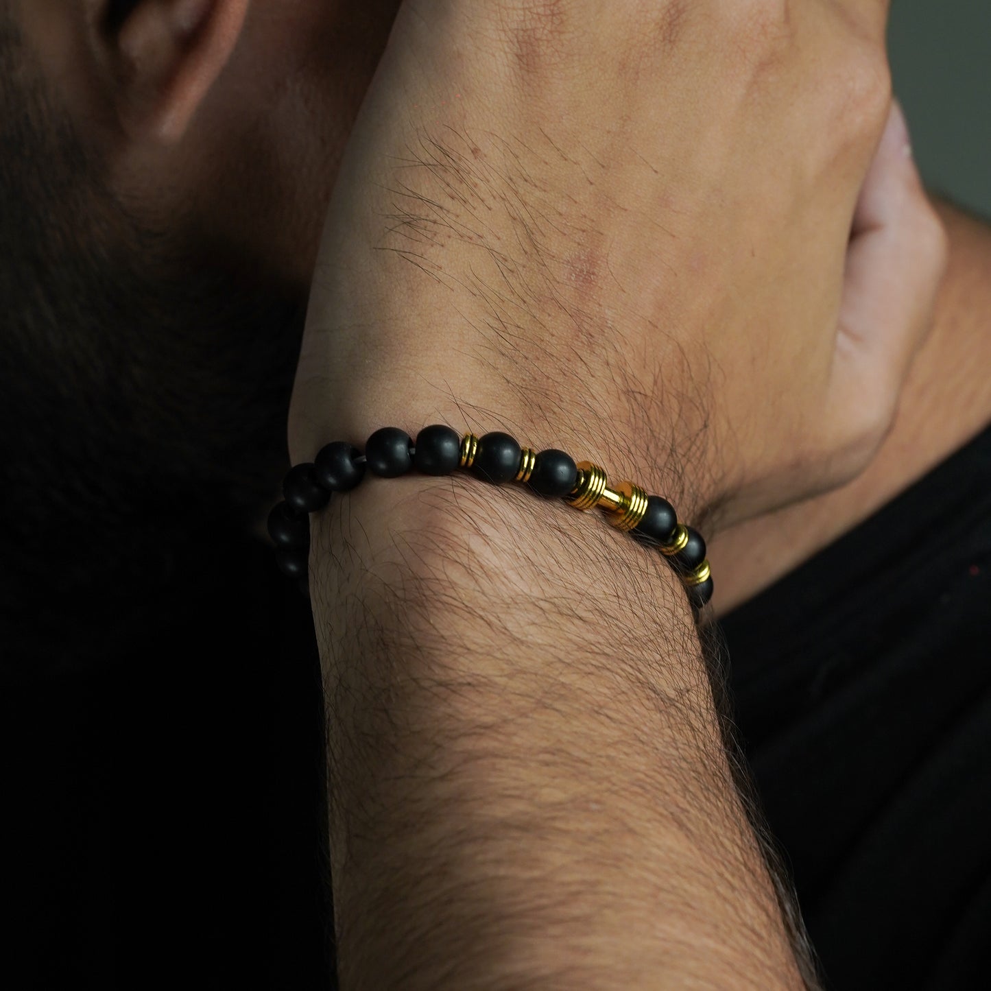 Matte Black Beaded Bracelet with Gold Bar Accent - Biraaj