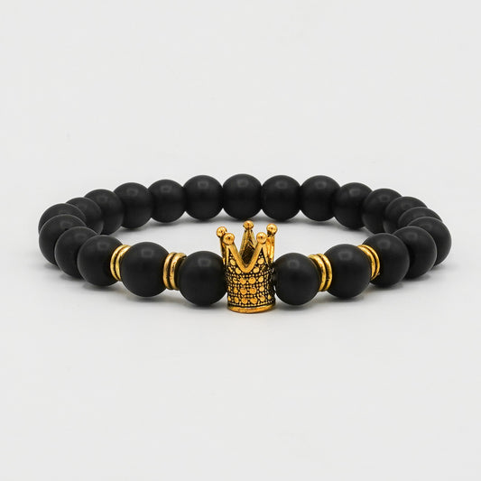 Black Bead Bracelet with Gold Crown - Biraaj
