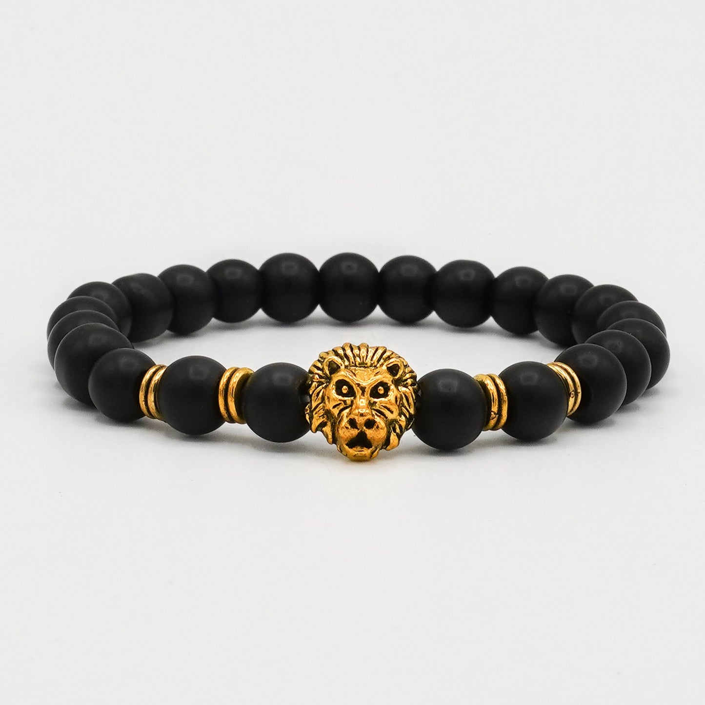 Black Bead Bracelet with Gold Lion - Biraaj