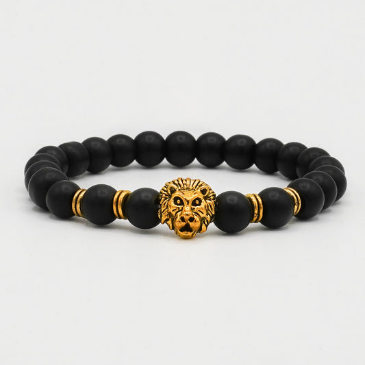 Black Bead Bracelet with Gold Lion - Biraaj