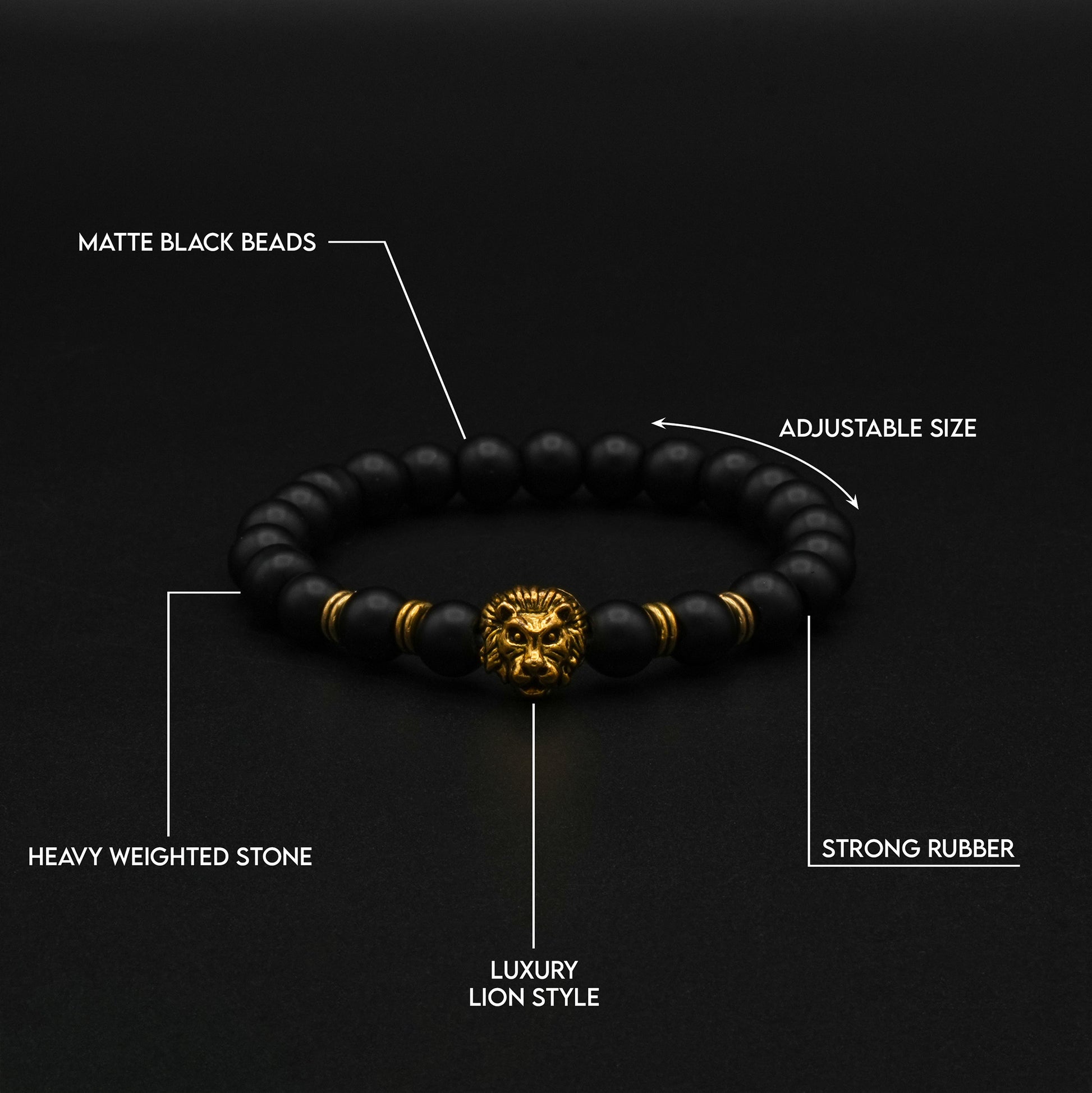 Black Bead Bracelet with Gold Lion - Biraaj