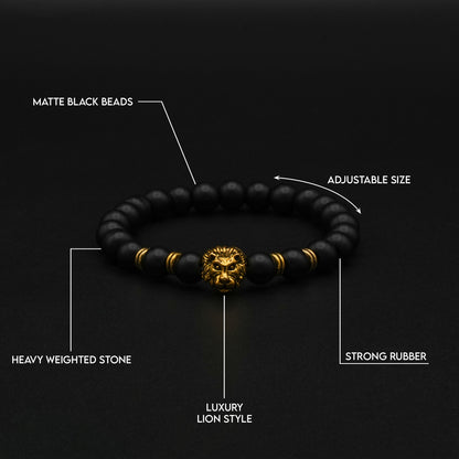 Black Bead Bracelet with Gold Lion - Biraaj