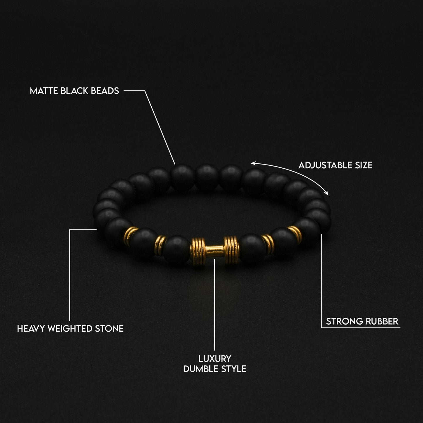 Matte Black Beaded Bracelet with Gold Bar Accent - Biraaj