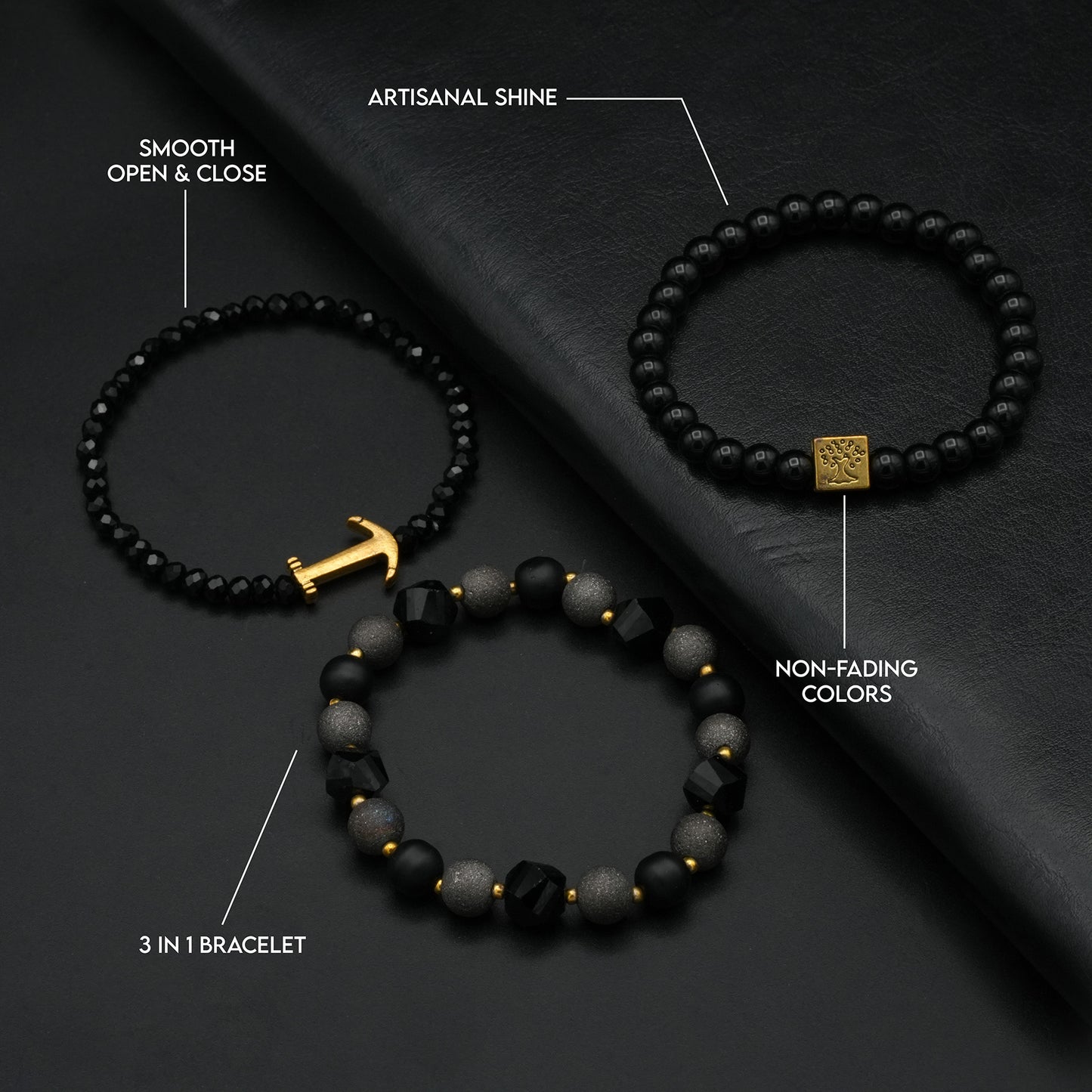 Matte Black & Grey Beaded Bracelet Bundle - Biraaj