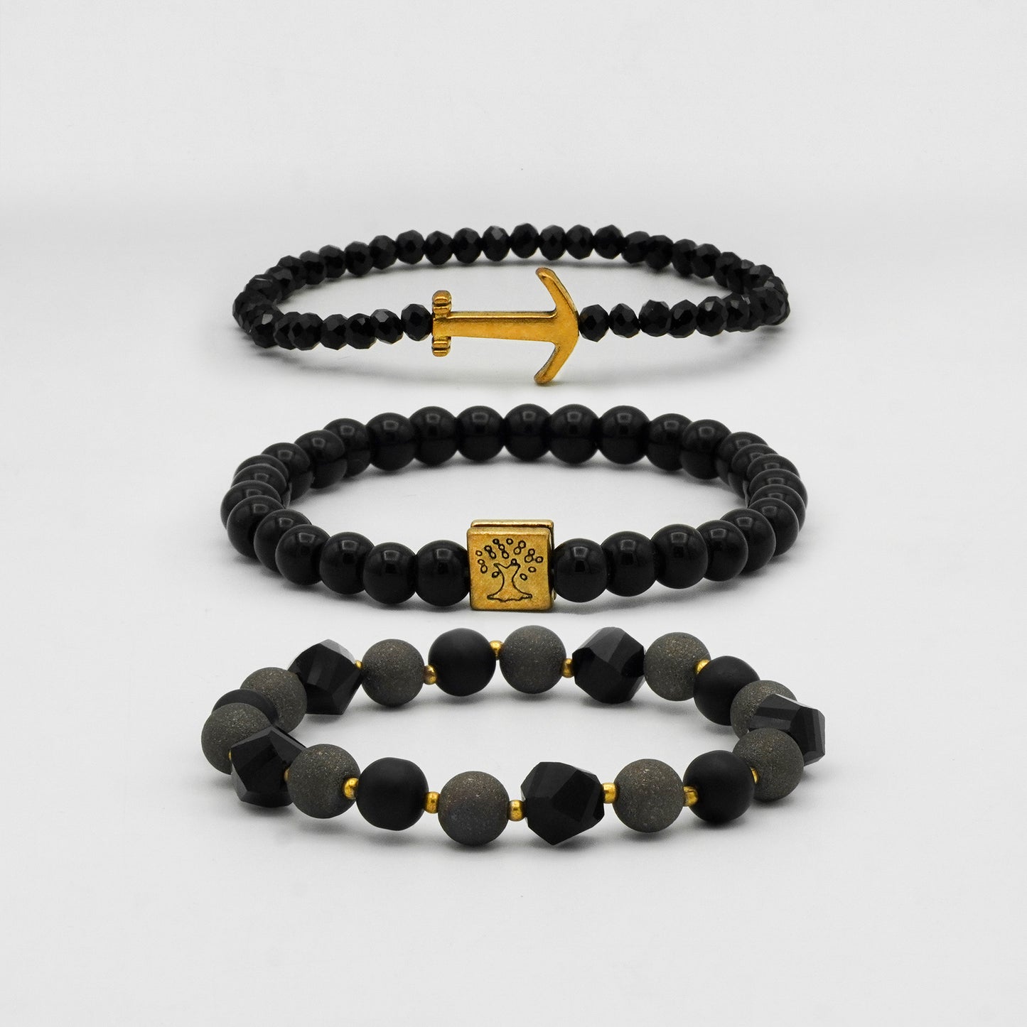 Matte Black & Grey Beaded Bracelet Bundle - Biraaj
