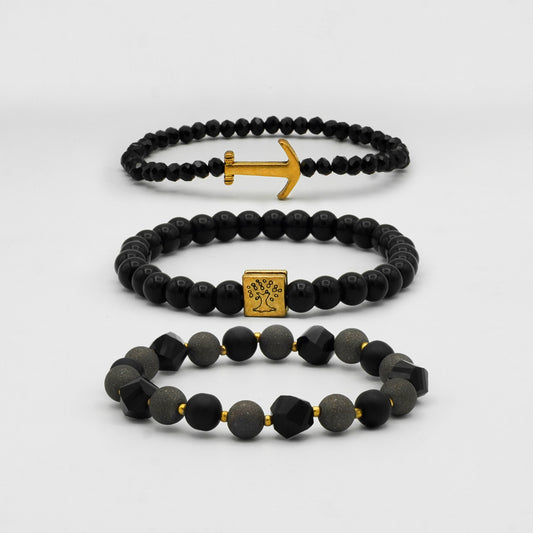 Matte Black & Grey Beaded Bracelet Bundle - Biraaj