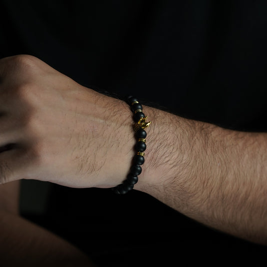 Black Bead Bracelet with Gold Crown - Biraaj