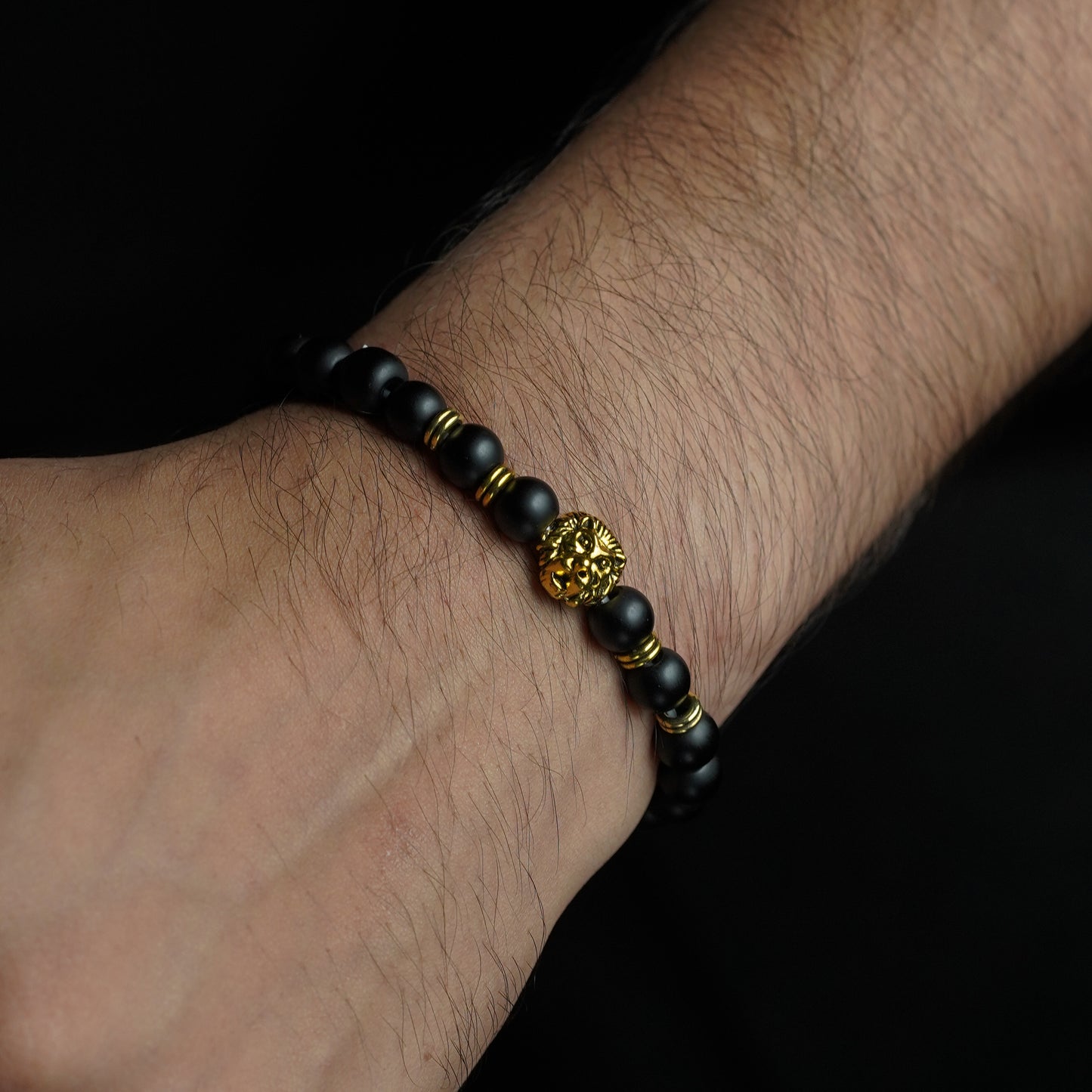 Black Bead Bracelet with Gold Lion - Biraaj